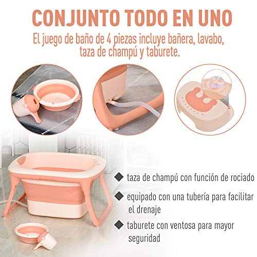 HOMCOM Bañera para Bebé Plegable y Portátil con Recipiente de Champú Palangana y Taburete Set de 4 Piezas de Ducha para 0-3 Años 81,5x60x46,5 cm Rosa