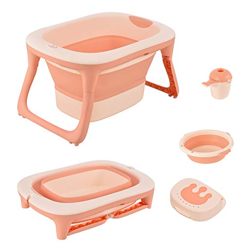 HOMCOM Bañera para Bebé Plegable y Portátil con Recipiente de Champú Palangana y Taburete Set de 4 Piezas de Ducha para 0-3 Años 81,5x60x46,5 cm Rosa