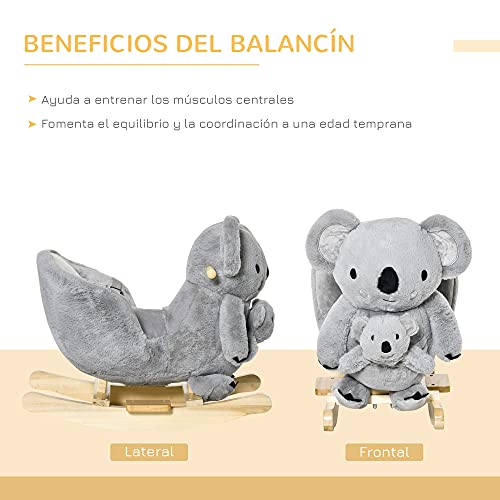 HOMCOM Caballito Balancín Infantil en Forma de Koala con Títere para Bebés 18-36 Meses con Sonido Cinturón de Seguridad y Reposapiés 60x33x50 cm Gris