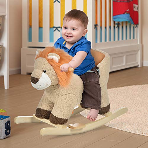 HOMCOM Caballito Balancín Infantil en Forma de León de Felpa para Bebés 18-36 Meses con Sonido Cinturón de Seguridad Manillar y Reposapiés 68x35x50 cm Marrón