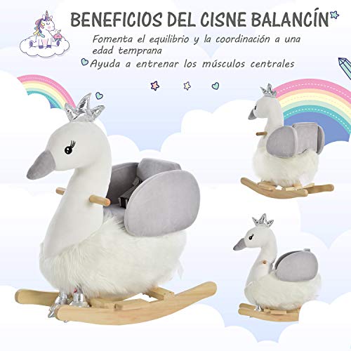 HOMCOM Caballito Balancín para Bebé de +18 Meses Suave con Forma de Cisne Sonidos Reposapiés y Cinturón 60x33x59 cm Blanco y Gris