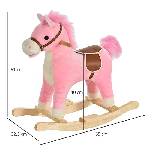 HOMCOM Caballo Balancín para Bebé de 36 a 72 Meses Juguete Balancín de Felpa Suave con Música Relinchos Sonidos de Galope Boca y Cola Móviles 65x32,5x61 cm Rosa