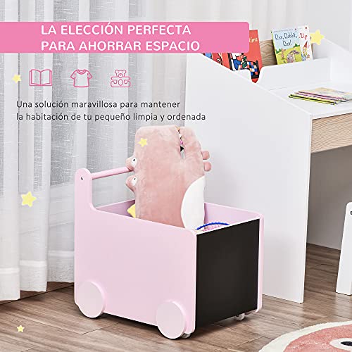 HOMCOM Caja de Almacenamiento de Juguetes Infantil con Ruedas Asa y 2 Pizarras de Escritura Baúl de Almacenaje para Habitación de Niños Guardería Sala de Juegos 47x35x45,5 cm Rosa