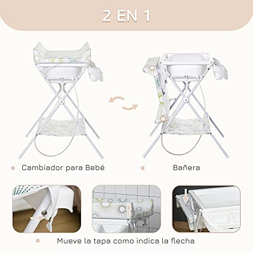 HOMCOM Cambiador y Bañera 2 en 1 para Bebé 0-12 Meses Plegable con Múltiples Espacios de Almacenamiento Estante Inferior Carga Máx. 15 kg 80x70x95 cm Blanco