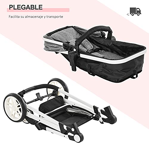 HOMCOM Cochecito de Bebé 2 en 1 Silla de Paseo y Capazo para Niños de 0-36 Meses con Capota Plegable Respaldo Reclinable Cesta Grande Palanca de Freno Carga 15kg 80x51x102 cm Gris