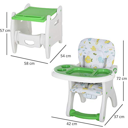 HOMCOM Trona para Bebés 2 en 1 para 6 Meses a 6 Años Transformable en Mesa y Silla Multifuncional Ajustable en 3 Posiciones Respaldo Alto Acolchado con 2 Bandejas Extraíbles 57x59x105 cm Verde