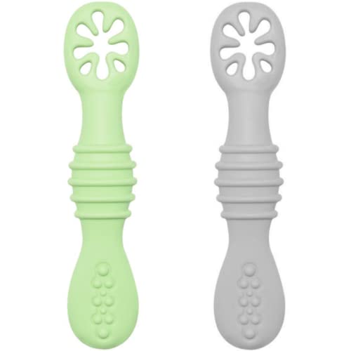 HOMYBABY® Precucharas bebe silicona - Cuchara BLW aprendizaje antibacteriana - Pack de 2 pre cucharas ergonómicas para bebe - Precucharas de aprendizaje para bebés en 2 etapas desde 6 meses (Set A)