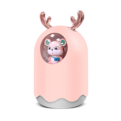 Humidificador Bebes,Humificador Ultrasonico Silencioso Hogar Oficina Bebé, USB Ambientador Humidificador Pequeño Portatil con Luz,Diseño Astas, Alces Osos (300ml Rosa)