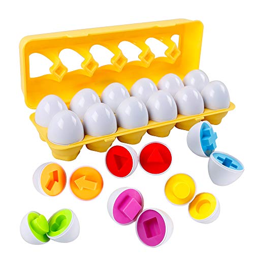 HVDHYY Juguete de Huevos Plástica de Pascua12Pcs Juego de Reconocimiento de Formas y Colores Clasificación Puzzle Juguete Educativos Geométricos para 2+ Niños y Niñas Regalo de Pascua / Cumpleaños