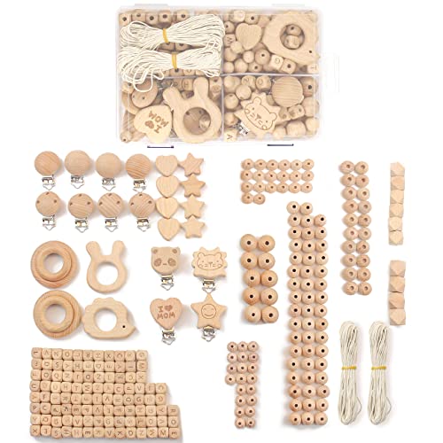 I LOVE MOM 256pcs Chupetero Personalizado Cadena Cochecito Pulsera Denticion Bebe,Con Pinza Chupetero Mordedor Madera Bebe Abalorios Madera Anilla De Madera,Cadena Chupete Diy Kit(Lot-1)