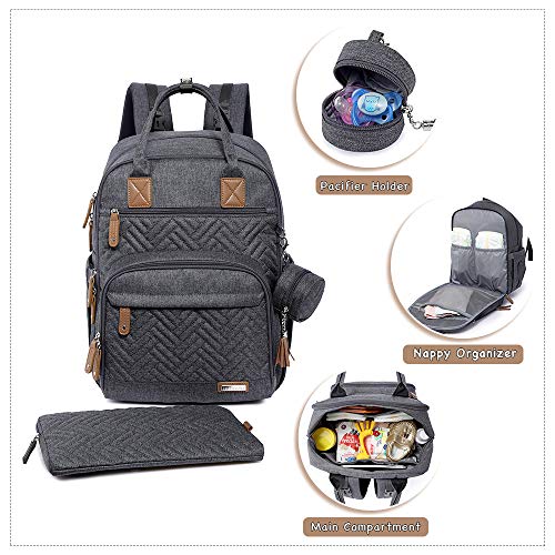 iniuniu Bolso Cambiador para Bebés, Mochilas para Pañales con Bolsa para el Pañal para Cochecito, Esterilla para Cambiar Lavable, Estuche para Chupetes, para Mamá y Papá, Gris Oscuro