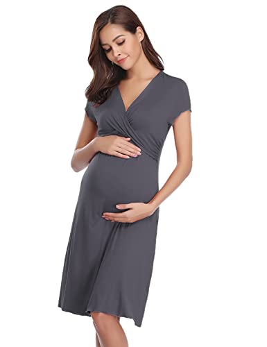 Irdcomps Camisón para Mujeres Verano Embarazadas Ropa de Maternidad Manga Corta algodón Pijamas Embarazo Lactancia Hospital(Gris Oscuro,L)