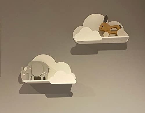 Juego de 2 estantes de pared Happy Woody Cloud para guardería/estante flotante de madera/decoración de habitación de bebé/habitación de cuarto de niños/decoración de pared/juego de regalo (blanco)