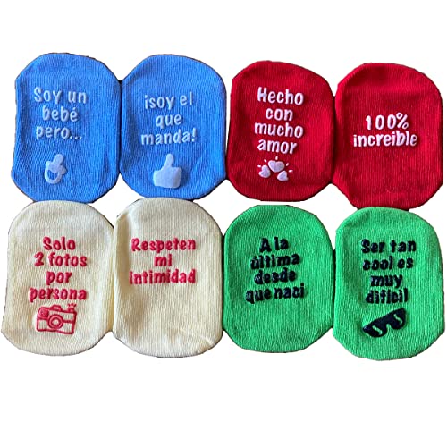 Juego de Calcetines Antideslizantes para Bebé/Recién Nacido,con Frases en Español Divertidas Lindas,Apto para Todas las Estaciones,4 Pares,6-24 Meses,Unisex,Caja Regalo (Bonitos)