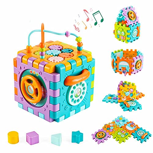 Juguete Cubo Actividades Bebe 1 año, 6 en 1 Montessori Música Actividades Centro Juego Bebé, Cubo Clasificador de Formas Regalo para Niños y Niñas de 9 12 18 Meses