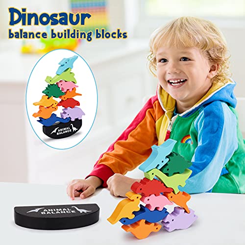 Juguetes Montessori Niños 3 4 Años, Juegos Educativos Niños Niñas 3 4 5 Años Regalos de Cumpleaños Juguetes de Dinosaurios de Madera para 3-6 Años Niños Balance de Madera Juguetes para Apilar