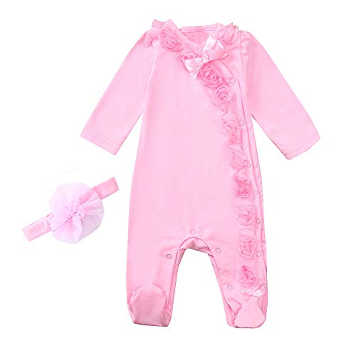 K-youth Conjunto Bebe Niña Invierno en Oferta Floral Ropa Bebe Recien Nacido Niña Mamelucos Recien Nacido Body Bebe Manga Larga Niña Peleles Bebé Monos + Venda de Pelo Bautizo Fiesta(Rosa, 0-3 Meses)