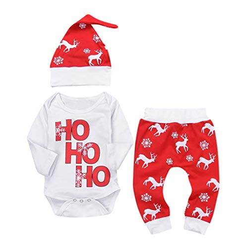 K-youth Ropa Bebe Nino Recien Nacido Otoño Invierno Infantil Body Bebe Niña Conjunto Bebé Mono Navidad Papá Noel Letra Mameluco de Manga Larga + Pantalone + Sombrero 0-24 Mes(Rojo, 0-6 Meses)