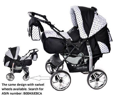 Kamil, Classic 3-in-1 Travel System with 4 STATIC (FIXED) WHEELS incl. Baby Pram, Car Seat, Pushchair & Accessories (3-in-1 Travel System, Black & Black Polka Dots)