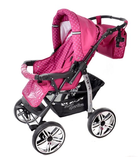 Kamil, Classic 3-in-1 Travel System with 4 STATIC (FIXED) WHEELS incl. Baby Pram, Car Seat, Pushchair & Accessories (3-in-1 Travel System, Pink & Polka Dots)