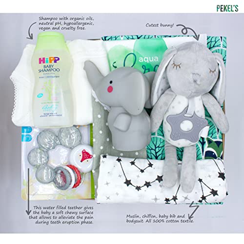 Kelzia Canastilla para Bebé Recién Nacido - Caja de Regalo de Bienvenida con Ropa de Algodón, Pañales Biodegradables, Peluche y Más - Vegano, Algodón Hipoalergénico - Unisex (BOX1)