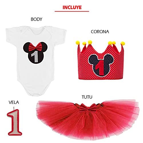 Kembilove Conjunto Cumpleaños de 4 piezas para Bebé de 1 año – Corona, Body, Tutu y Vela – Disfraz para sesiones de fotos de Cumpleaños – Diseño Minnie 12-18 Meses