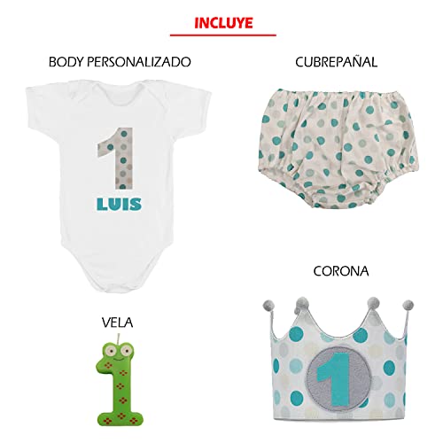 Kembilove Conjunto Personalizado Cumpleaños de 4 piezas para Bebé de 1 año – Corona, Body, Cubrepañal y Vela – Disfraz para sesiones de fotos de Cumpleaños – Diseño Lunares Azul 12 -18 Meses