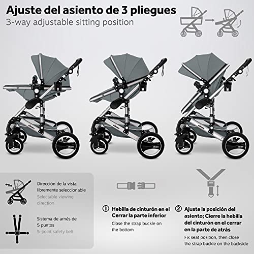 KIDUKU® Carrito de Bebé 3 en 1 | Silla de Paseo para Niños | Carricoche de 3 Piezas | Capazo, Cambiador, Cubrepiés | Sillita Coche Ligera Infantil (Gris)