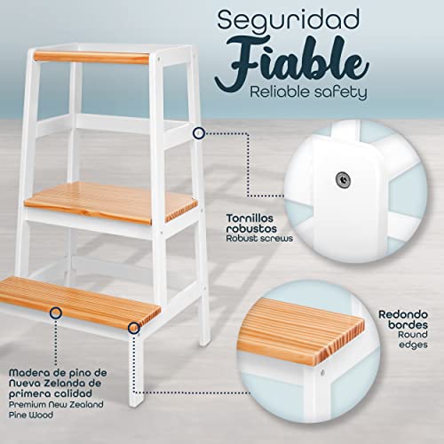 KIDUKU® Torre de Aprendizaje Montessori de Madera | Taburete de Cocina para Niños | Learning Tower con Barra de Seguridad | Ayudante de Cocina Infantil