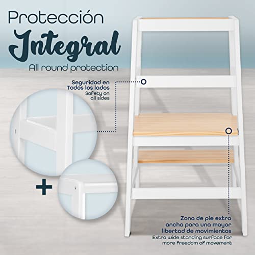 KIDUKU® Torre de Aprendizaje Montessori de Madera | Taburete de Cocina para Niños | Learning Tower con Barra de Seguridad | Ayudante de Cocina Infantil