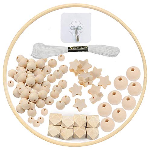 Kit marco móvil de madera para bricolaje, carillón de viento cuna de bebé, estrella cuentas madera natural artesanal, colgador de campana para cuna, decoración del hogar, regalo para niños (95 piezas)