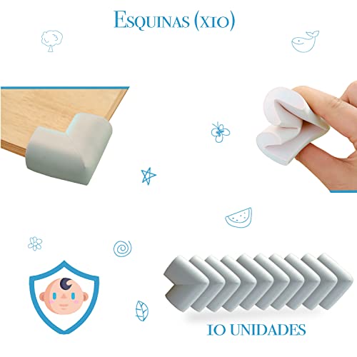 Kit Seguridad Bebe Niños - 5 Topes para Puertas -10 Protectores Esquinas de Espuma - 10 Protectores Enchufes - 5 Cierres Seguridad Armarios – 5 Cierres Seguridad Cajones.