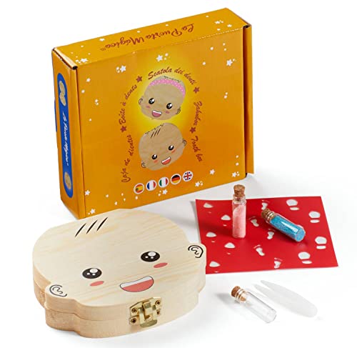 LA PUERTA MÁGICA Caja dientes de leche personalizable en ESPAÑOL caja dientes de leche de madera - cajita para dientes de bebé 12 x 3 cm ( Niño )