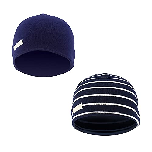 LACOFIA 2 Piezas Sombrero de Beanie de 100% algodón para bebé niños Gorro Tejer de Las bebé de Esencial Azul Oscuro S