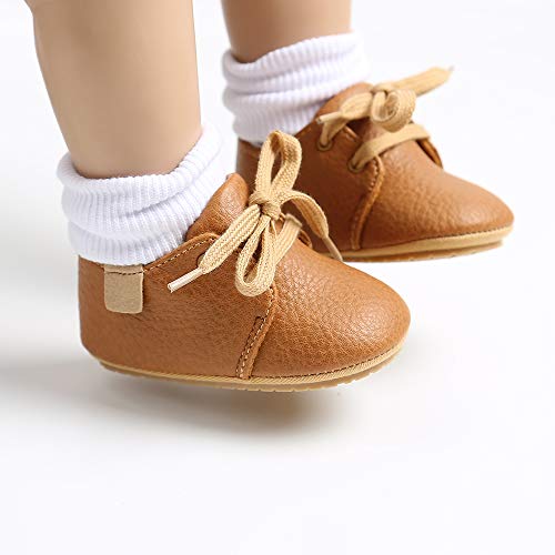 LACOFIA Zapatos Oxford con Cordones para Bebé Niños Zapatillas Primeros Pasos Antideslizantes para Bebés Marrón 12-18 Meses