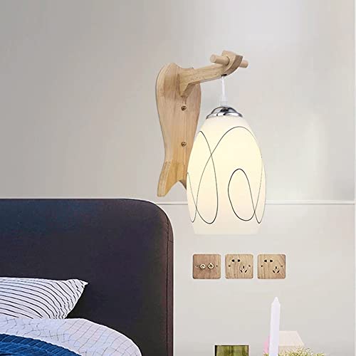 Lámparas de pared de vidrio para dormitorio interior, tocador, pasillo, accesorio de iluminación de montaje en pared, candelabro de base de madera, enchufe E27, máx. 40 W, lámpara de noche de 1 luz