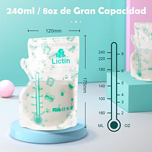 Lictin Bolsas de Almacenamiento para Leche Materna- Bolsas para Leche Materna de 240ml sin BPA BPS, Diseño Engrosado, Seguro de Usar (60PCS)