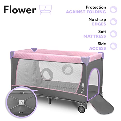 LIONELO Flower Camita de viaje 2 en 1 Para niños hasta 15 kg Colchón Organizador Cambiador Toy bar Juguetes interactivos 2 Reudas Compacta Bolsa para transportar Rosa y Gris