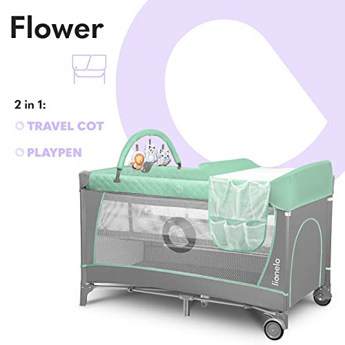 LIONELO Flower Camita de viaje 2 en 1 Para niños hasta 15 kg Colchón Organizador Cambiador Toy bar Juguetes interactivos 2 Reudas Compacta Bolsa para transportar Turquesa y Gris