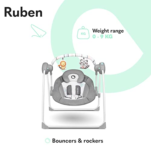 LIONELO Ruben Columpio-hamaca para bebé Niño hasta 9 kg Regulación del respaldo en 2 niveles 5 Velocidades de balanceo 12 Melodías Timer Gris y Turquesa