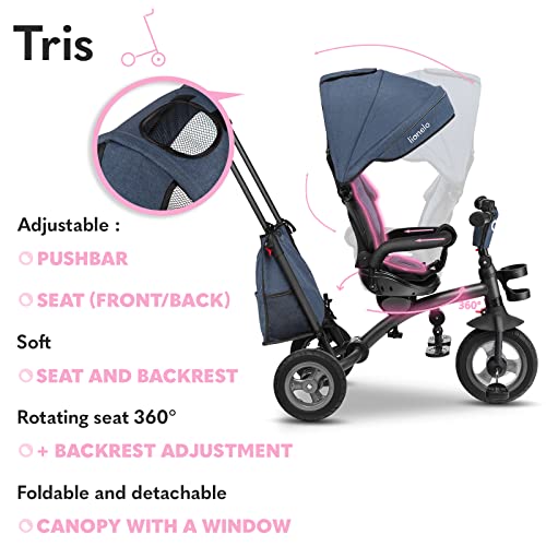 lionelo Tris Bicicleta 2 en 1 Niño hasta 25 kg 12-60M Triciclo y Carrito- Bicicleta Cinturones de 3 Puntos con Fundas Regulación Gradual del Respaldo de 3 Niveles Gris Oscuro … (Azul)