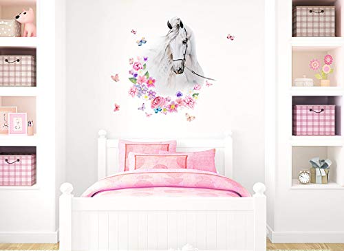 Little Deco DL464 Adhesivo decorativo para pared (55 x 61 cm), diseño de cabeza de caballo con flores y mariposas