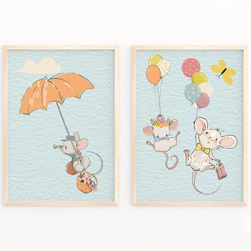 Loxato Cuadros infantiles para habitación niño - Laminas infantiles para habitación - Juego de 4 Cuadros habitacion bebe A4 - Decoración habitación niña- Laminas para cuadros infantiles Ratones