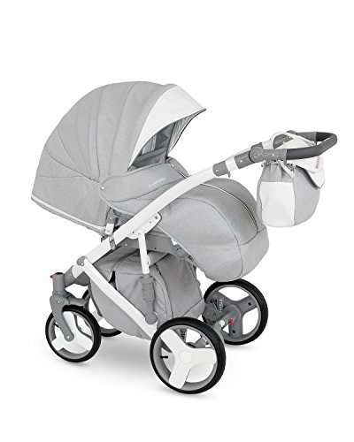 Lux4kids Trío Cochecito 3 in 1 Silla de paseo + capazo + silla para coche + rutas giratorias neumática + colchón VIP Hecho en Europa Accesorios opcionales Canillo blanco-gris