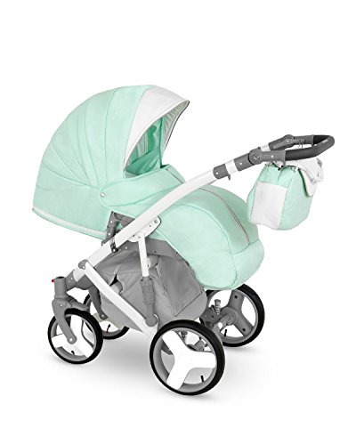 Lux4kids Trío Cochecito 3 in 1 Silla de paseo + capazo + silla para coche + rutas giratorias neumática + colchón VIP Hecho en Europa Accesorios opcionales Canillo blanco-menta