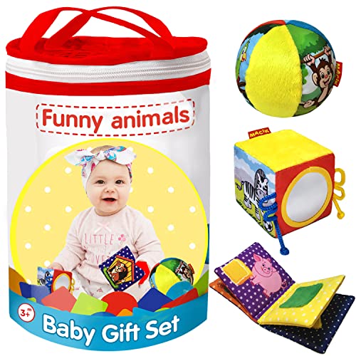 MACIK Regalo Bebe Peluche Bebe - Libro Bebe + Pelota Bebe + Cubos apilables - Regalos Bebes Recien Nacidos Originales - Sonajero Bebe - Peluches Bebes Recien Nacidos - Cuentos Infantiles 1 años