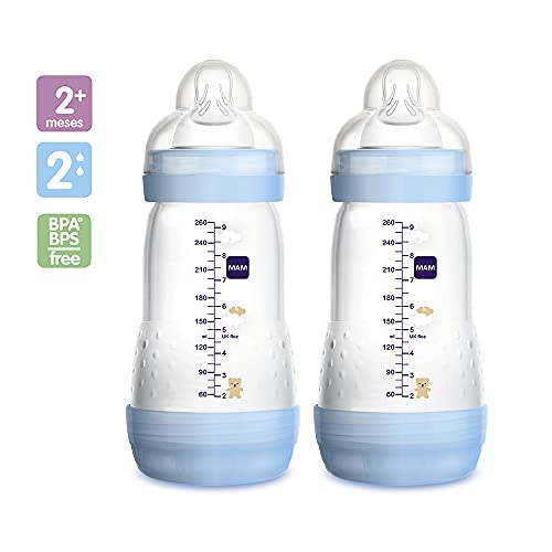 MAM Biberón Easy Start Anti-Colic A137 - Sistema Anti-Colic Patentado con Tetina de Silicona Skinsofttm Ultrasuave, Bebés a Partir de 2 Meses, Autoesterilizable en 3 Min, Azul, 260Ml, 2 Unidades