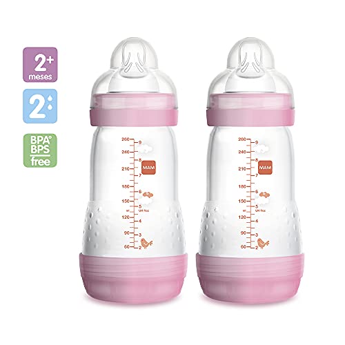 MAM Biberón Easy Start Anti-Colic A138, Patentado con Tetina de Silicona Skinsofttm Ultra Suave, Bebés a Partir de 2 Meses, Rosa, 2 Unidades, Autoesterilizable en 3 Minutos, 260Ml