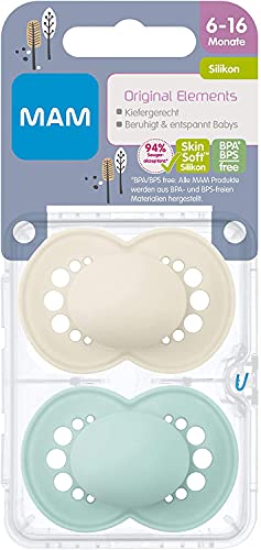 MAM Juego de 2 chupetes originales Elements para bebés simétricos y adaptados a la mandíbula, con caja para chupete, 6-16 meses azul/verde-Instrucciones en lengua extranjera