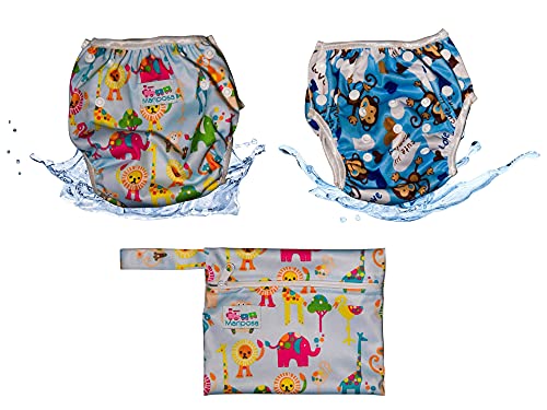 MARIPOSA | Bañador Pañal Bebé - Reutilizable Lavable y Ajustable - Pañales de Natación para Piscina y Mar para Niño de 0 a 2 Años - 2 pañales con funda impermeable (animales y mono)